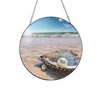 Stained Glass Window Hanging Decor, Ocean Beach Mussel Pearl Sun Catcher Ornament Glass Panel with Metal Chain 6in Suncatcher Decor Indoor Window Wall Art Home Decor Gift for Women Wife and Mom