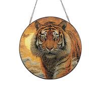 Stained Glass Window Hanging Decor, Rising Sun Tiger Sun Catcher Ornament Glass Panel with Metal Chain 10in Suncatcher Decor Indoor Window Wall Art Home Decor Gift for Women Wife and Mom