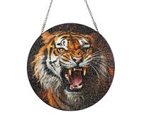 Stained Glass Window Hanging Decor, Roaring Tiger Sun Catcher Ornament Glass Panel with Metal Chain 10in Suncatcher Decor Indoor Window Wall Art Home Decor Gift for Women Wife and Mom