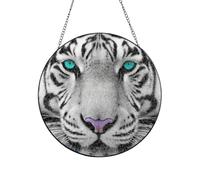 Stained Glass Window Hanging Decor, Tiger with Teal Eyes Sun Catcher Ornament Glass Panel with Metal Chain 12in Suncatcher Decor Indoor Window Wall Art Home Decor Gift for Women Wife and Mom