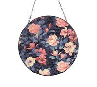 Stained Glass Window Hanging Decor, Vintage Floral Sun Catcher Ornament Glass Panel with Metal Chain 4in Suncatcher Decor Indoor Window Wall Art Home Decor Gift for Women Wife and Mom