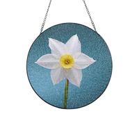 Stained Glass Window Hanging Decor, White Daffodil Sun Catcher Ornament Glass Panel with Metal Chain 6in Suncatcher Decor Indoor Window Wall Art Home Decor Gift for Women Wife and Mom