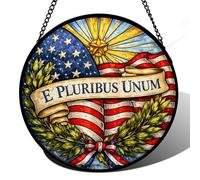 Stained Glass Window Hanging E Pluribus Unum Sun Catcher American Flag Round Panel Stained Glass Kit Style Decorative Art for Home Window Decor