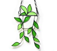 Stained Glass Window Hanging, Green plants Retro Suncatcher, Handcrafted Glass Handicrafts, Sun Catchers for Home Garden Balcony Window Decor, Plant Lover Gifts, Indoor Outdoor