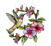Stained Glass Window Hanging Hummingbird Suncatcher, 30CM Colourful Bird Sun Catcher with Flowers for Home Window Decoration Garden Ornament Patio Wall Art Nature Inspired Hanging Glass Panel Gift