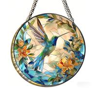 Stained Glass Window Hanging,Hummingbird Suncatcher with Flowers, Handmade Sun Catchers for Windows - Vibrant Garden Decor, Gift for Bird Lovers, Mom, Housewarming(8in)