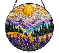 Stained Glass Window Hanging, Lavender Hill Stained Glass Suncatchers Indoor Windows Glass Panel Garden Hanging Decor Birthday for Women 7.8 in