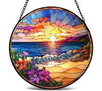 Stained Glass Window Hanging, Lilac Flowers Sun Catchers Diamond Glass Panel Hangings Plant Suncatcher Decor Christmas Mother's Day Birthday Gifts for Women Men Mom (Sunset, 16cm/6.3inch)