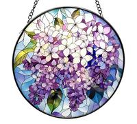 Stained Glass Window Hanging, Lilac Flowers Sun Catchers Diamond Glass Panel Hangings Plant Suncatcher Decor Christmas Mother's Day Birthday Gifts for Women Men Mom (Lilac Flowers, 16cm/6.3inch)