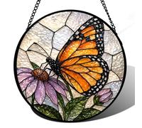 Stained Glass Window Hanging Monarch Butterfly Decor, Sun Catcher Round Flower Panel, Stained Glass Kit Inspired Window Ornament for Home, 7.87 Inch