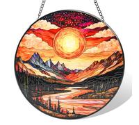 Stained Glass Window Hanging, Mountain River and Sun Suncatcher for Door Terrace Garden Kitchen Home Decor, Scenery Sun Catchers for Christmas Mother's Day Valentine's Day Gift for Women Mom 9.8 in