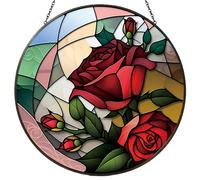Stained Glass Window Hanging Red Rose Buds Suncatcher, Floral Sun Catcher for Windows, Doors & Home Decor, Decorative Gift for Grandma, Nana, Women for Mother's Day Birthday