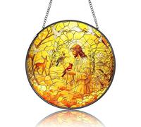 Stained Glass Window Hanging - Religious Easter Decorations with Priest & Red Bird Design - Christian Gifts, Sun Catchers Indoor Window, Catholic Wall Decor for Home, Church, Office