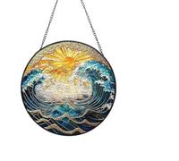 Stained Glass Window Hanging, Round Window Sun catcher Glass Panel, Sunset Sea Waves Sun Catchers Decor Gifts for Friends, Couples, Family, Colleagues (20cm)