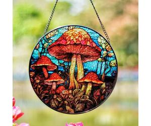 Stained Glass Window Hanging, Stunning 8''/20CM Suncatchers for Windows with Fade Resistant Hand-Painted Decorative Hanging Ornaments Captures Sunlight to Create a Vibrant Atmosphere (Mushroom)
