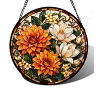Stained Glass Window Hanging Sun Catcher, Stained Glass Kit Inspired Orange Dahlia White Magnolia Floral Window Panel for Home Decor, 7.87 Inch