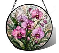 Stained Glass Window Hanging, Sun Catcher, Stained Glass Kit Inspired Pink Orchid Floral Round Window Ornament for Home Decor, 7.87 Inch