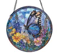 Stained Glass Window Hanging Suncatcher - 20cm Blue Butterfly Sun Catchers for Windows Doors Home Decor - Nana Grandma Women Gifts for Mother's Day Birthday