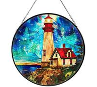 Stained Glass Window Hanging, Suncatcher for Window Hanging, Lighthouse Sun Catchers Indoor Windows Wall Art Ornament, Gifts for Mom Grandma, Lighthouse for Christmas Decor, for Home Garden Office