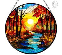 Stained Glass Window Hanging Sunrise Tree and River Landscape Suncatcher - 8" Handmade Sun Catchers Indoor Wall Art Home Garden Decor Sun Catcher with Hook - Birthday Gifts for Women Men Mom Dad