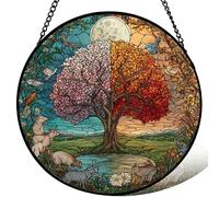 Stained Glass Window Hanging, Tree of Four Seasons Sun Catchers Indoor Window, Core Decor Inside and Outside The Cottage, Gifts for Women, Nature Art Home Ornament 7.8 In