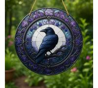 Stained Glass Window Hanging with Raven Design, Round Sun Catcher Ornament for Home Window Decoration, Gothic Style Bird Art, Purple and Blue Hanging Decor,P3