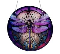 Stained Glass Window Hangings, Acrylic Sun Catchers Yard Ornament, TreeOfLife Stained Glass, Colorful LifeTree/Dragonfly/Butterfly Window Decor, Hand-Painted Glass Panel Decor