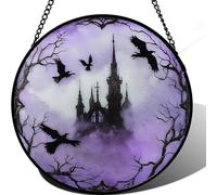 Stained glass window hangings, raven window light catchers, Halloween Gothic window hanging decorations, castle purple smoke, garden, family, ghost raven, sun catcher, spooky gift.
