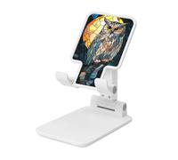 Stained Glass Wise Owl With Full Moon Foldable Cell Phone Stand Adjustable Angle Height Desktop Portable Cellphone Cradle Compatible With All Smartphone White-Style
