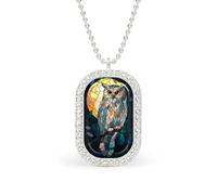 Stained Glass Wise Owl with Full Moon Rectangle Pendant Necklace Silver Women Jewelry Alloy Keychain Tag Jewelry