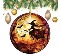Stained Glass Witch Flying on Broomstick Christmas Tree Hanging Ornaments,2 Pieces, 7.2CM Round Double-Sided