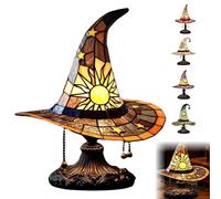 Stained Glass Witch Hat Lamp for Halloween Home and Bedroom Decor | Handcrafted Retro Resin Wizard Hat Night Light, USB Powered Gothic Accent Lamp with Mystical Charm for Bookshelf (Orange, 30cm)