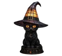 Stained Glass Witch Hat Lamp, Handcrafted Black Cat Witch Hat Night Light, Gothic Decor, Eye-Friendly Vintage Halloween Lamp, USB Powered, Retro Resin Accent Lamp for Bedroom, Bookshelf (30cm)