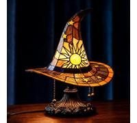 Stained Glass Witch Hat Lamp, Handcrafted Retro Resin Witch Lamp, USB Powered Gothic Wizard Hats Night Light, Halloween Home Decor Accent Lamps for Bedroom & Bookshelf, Party and Home (Yellow)