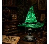 Stained Glass Witch Hat Lamp - USB Gothic Night Light,Handcrafted Retro Resin Wizard Hat Decor,Halloween Home Accent for Bedroom, Bookshelf, Desk,Witch Lover Gift (Green,11.08in)