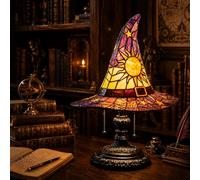 Stained Glass Witch Hat Lamp - USB Gothic Night Light,Handcrafted Retro Resin Wizard Hat Decor,Halloween Home Accent for Bedroom, Bookshelf, Desk,Witch Lover Gift (Purple,7.08in)