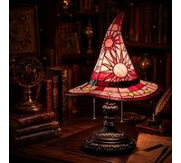 Stained Glass Witch Hat Lamp - USB Gothic Night Light,Handcrafted Retro Resin Wizard Hat Decor,Halloween Home Accent for Bedroom, Bookshelf, Desk,Witch Lover Gift (Red,11.08in)