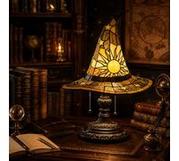 Stained Glass Witch Hat Lamp - USB Gothic Night Light,Handcrafted Retro Resin Wizard Hat Decor,Halloween Home Accent for Bedroom, Bookshelf, Desk,Witch Lover Gift (Yellow,7.08in)