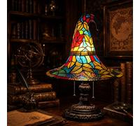 Stained Glass Witch Hat Lamp - USB Gothic Night Light,Handcrafted Retro Resin Wizard Hat Decor,Halloween Home Accent for Bedroom, Bookshelf, Desk,Witch Lover Gift (Multicolor,7.08in)