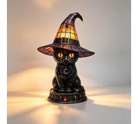 Stained Glass Witch Hat Lamp, USB Vintage Halloween Table Night Light | Tiffany-style witch hat night light, unique seasonal ornament to create cosy festive atmosphere for home Halloween parties.