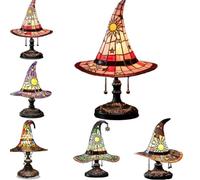 Stained Glass Witch Hat Lamp,Witches Hat Lamp,USB Powered Gothic Wizard Hats Night Light,Handcrafted Retro Resin Witch Lamps,Indoor for Bedroom, Bookshelf & Living Room Decor，RED：M