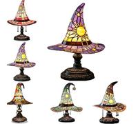 Stained Glass Witch Hat Lamp,Witches Hat Lamp,USB Powered Gothic Wizard Hats Night Light,Handcrafted Retro Resin Witch Lamps,Indoor for Bedroom, Bookshelf & Living Room Decor，Purple：M