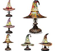 Stained Glass Witch Hat Lamp,Witches Hat Lamp,USB Powered Gothic Wizard Hats Night Light,Handcrafted Retro Resin Witch Lamps,Indoor for Bedroom, Bookshelf & Living Room Decor，Colored：S