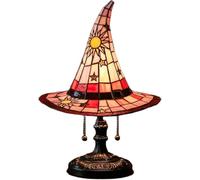 Stained Glass Witch Hat Lamp with Mystical Charm, Gothic Wizard Hat Shape Lights, Unique Vintage Lamp for Bedroom Party of Halloween Decor (Red, L)