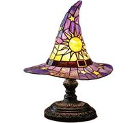 Stained Glass Witch Hat Lamp with Mystical Charm, Gothic Wizard Hat Shape Lights, Unique Vintage Lamp for Bedroom Party of Halloween Decor (Purple, L)