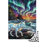 Stained Glass Wolf︰ Majestic Coastal Scene with Aurora Effect 1000 Piece Jigsaw Puzzle, 38x26cm/1000pcs, for Adults, Relaxing Indoor Activity, Weekend Downtime And Time at Home