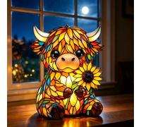 Stained Highland Cow Lamp, Vintage Highland Cow Gifts Resin Tiffany Lamp | 3D Cute Sunflower Animal Table Lamp with Warm Glow, Table Lighting for Home, Unique Home Decor LED Night for Cow Lovers