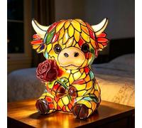 Stained Highland Cow Lamp, Vintage Resin Rose Highland Cow Table Lighting | 3D Cute Rose Animal Lamp with Warm Glow, LED Night Light for Bedroom, Highland Cow Gifts for Women, Friend & Family