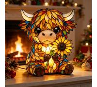 Stained Highland Cow Lamp, Vintage Resin Table Light - 3D Cute Animal Lamp for Bedroom & Bedside | USB or Battery Powered, LED Night Light with Warm Glow, Unique Home Decor for Cow Lovers (USB)