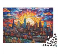 StainedGlassCitySunrise 1000 Pieces Puzzles Colorful Sunset Cityscape Art Wall Decoration Decompression Jigsaw for Men And Women Challenging Puzzles Jigsaw Puzzles for Adults 52x38cm/1000pcs
